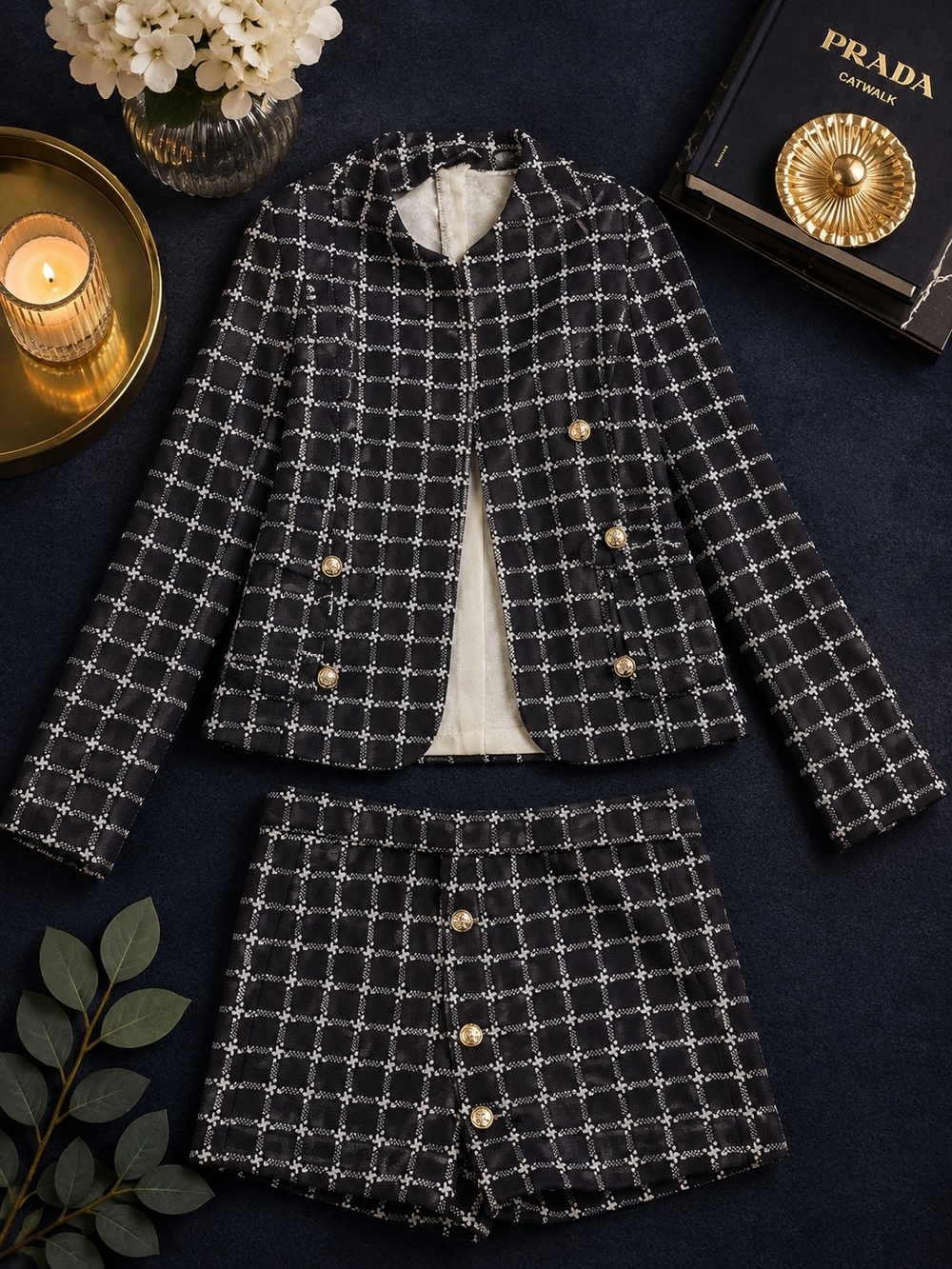 Navy Blue & White Windowpane Tweed Blazer and Short Set